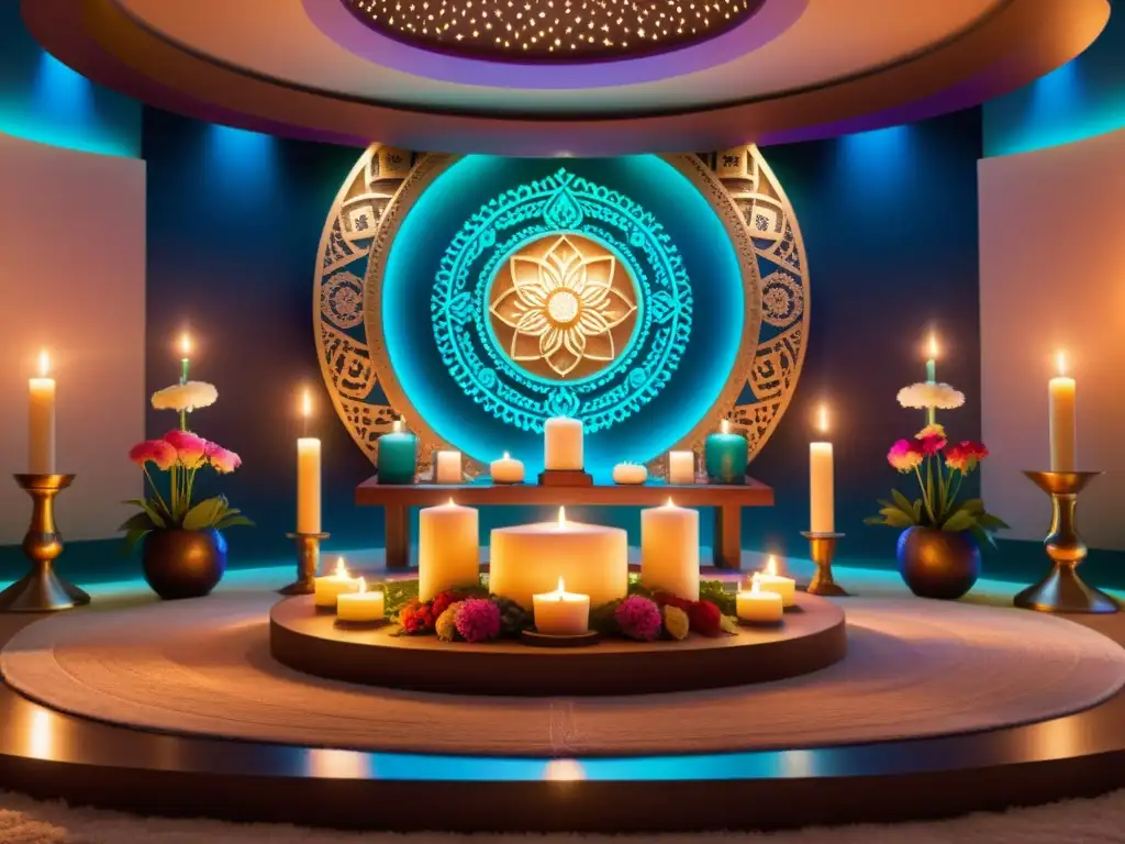 Espacios sagrados virtuales en rituales: Altar virtual con velas, flores y símbolos sagrados, atmosfera serena y mística