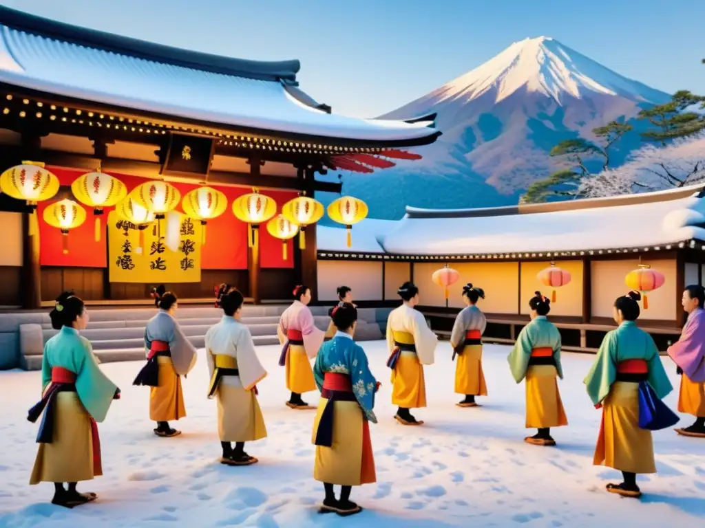 Espectacular celebración de Año Nuevo en un santuario japonés, con coloridos kimonos y rituales de Año Nuevo en Japón