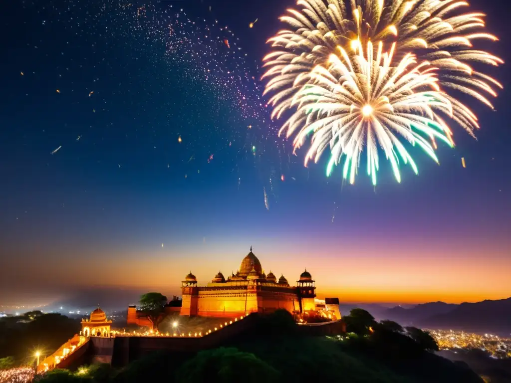 Espectacular celebración con fuegos artificiales y linternas, reflejando los rituales de luces en India durante Diwali y el Día de la Independencia