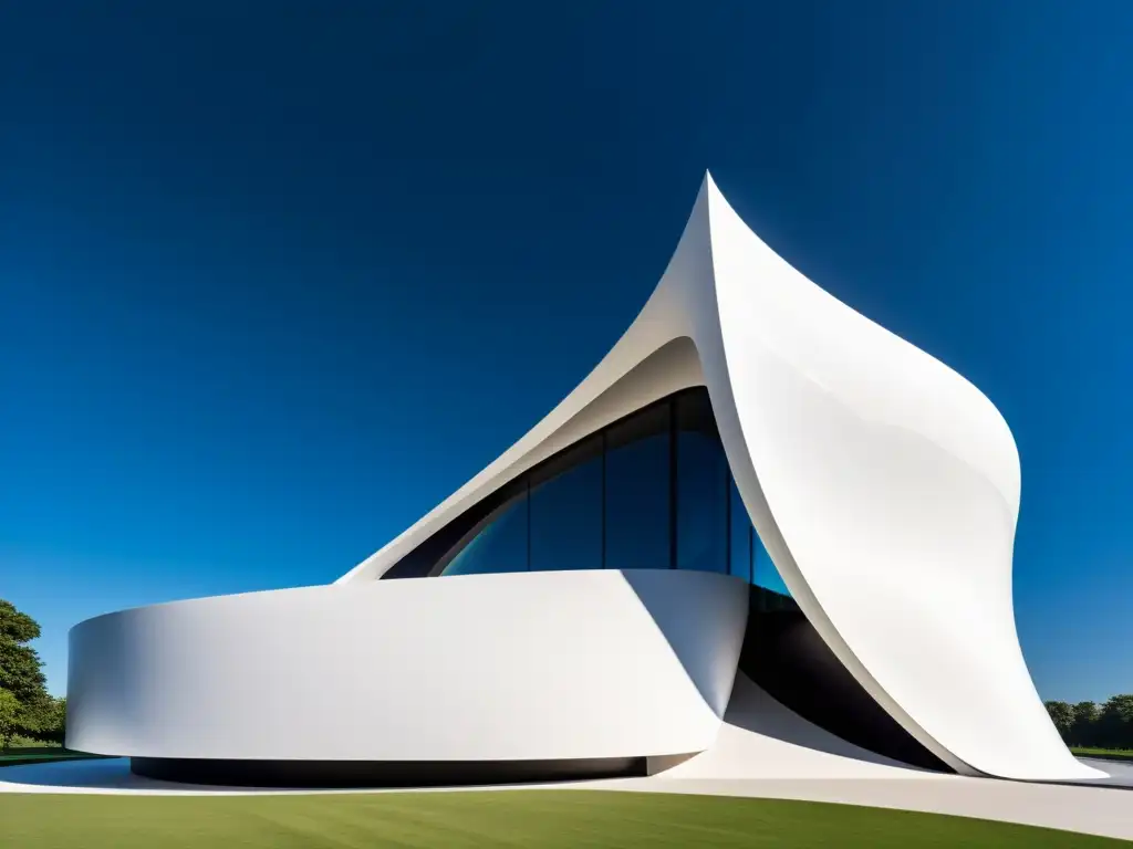Espectacular mausoleo moderno diseñado por Zaha Hadid, con líneas curvas y fachada blanca, contrastando con el cielo azul