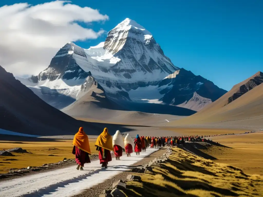 Espectacular peregrinación al Monte Kailash, Tíbet, con devotos en ruta, orando y paisajes Himalayas al fondo, en una atmósfera espiritual y serena