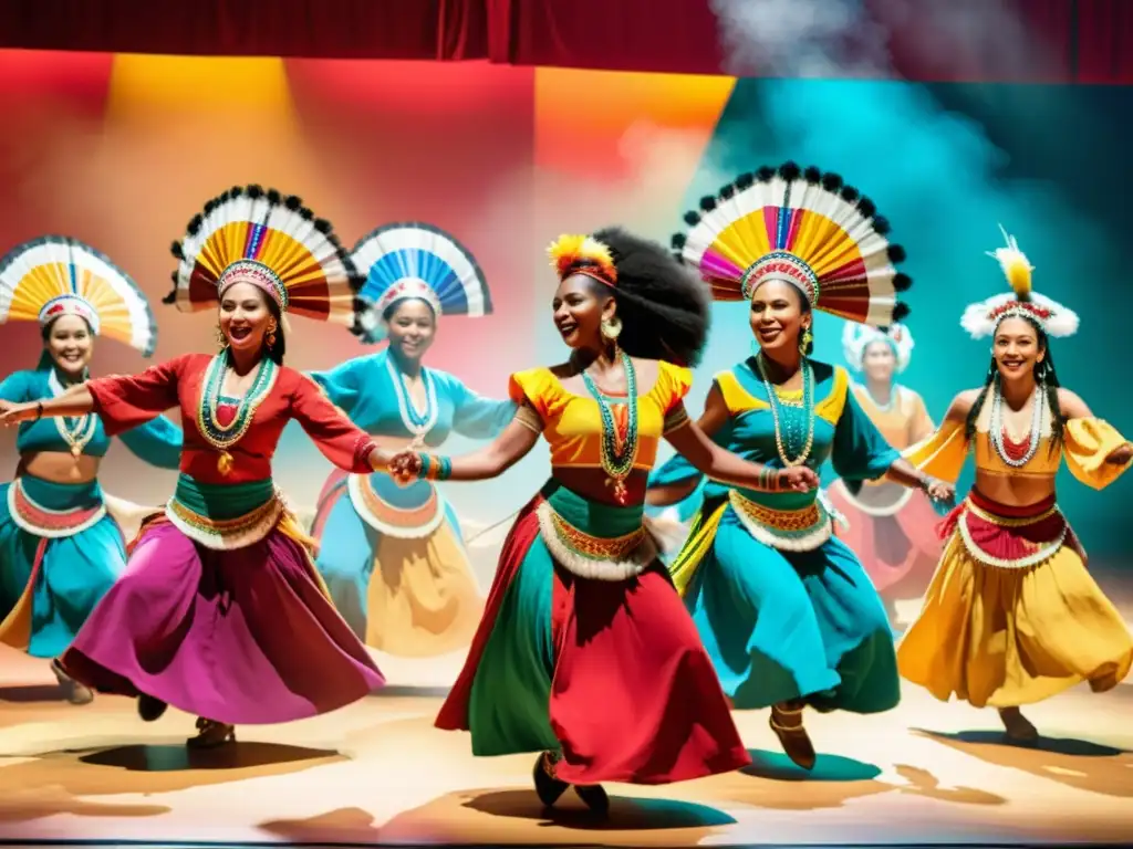 Un espectáculo de danzas ceremoniales del mundo, con bailarines de diferentes culturas en trajes tradicionales, en un escenario vibrante y colorido