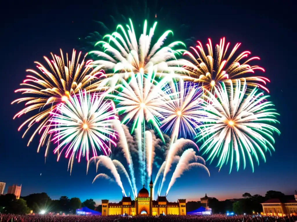 Espectáculo de fuegos artificiales iluminando el cielo nocturno sobre la ciudad, mientras espectadores admiran