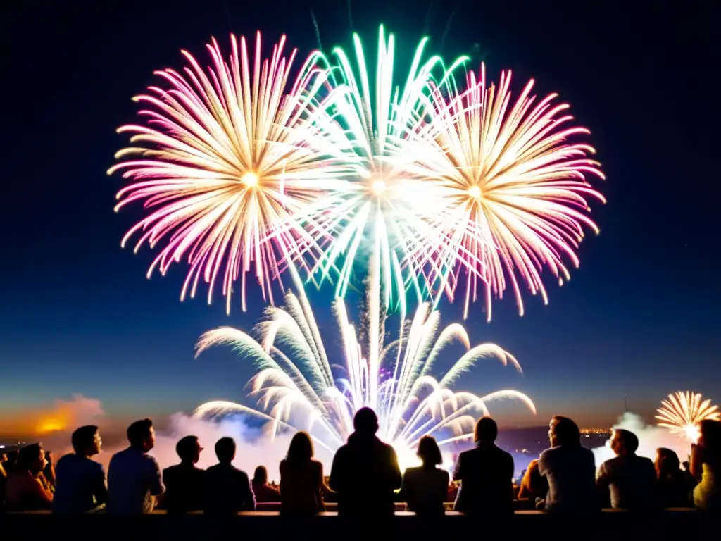 Espectáculo de fuegos artificiales en la noche, capturando la emoción y la belleza de los rituales pirotécnicos festivales mundo