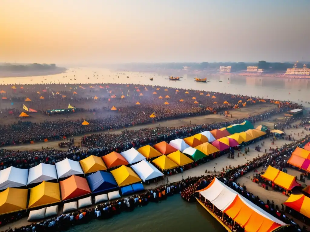 Un espectáculo impresionante de devotos en el Festival espiritual Kumbh Mela, con tiendas coloridas y la espiritualidad del río Ganges