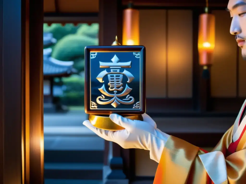 Un espejo japonés tradicional con grabados sagrados, sostenido por un sacerdote sintoísta en un templo iluminado por velas