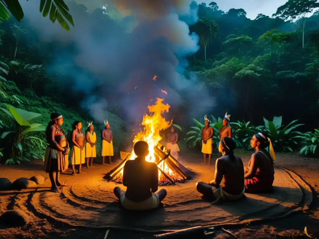 En la espesura de la selva, indígenas realizan el ritual del silbido alrededor de una fogata sagrada, conectados con la naturaleza