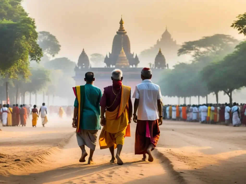 Peregrinación espiritual a Bodh Gaya: peregrinos caminan hacia el templo Mahabodhi al amanecer, con incienso y devoción