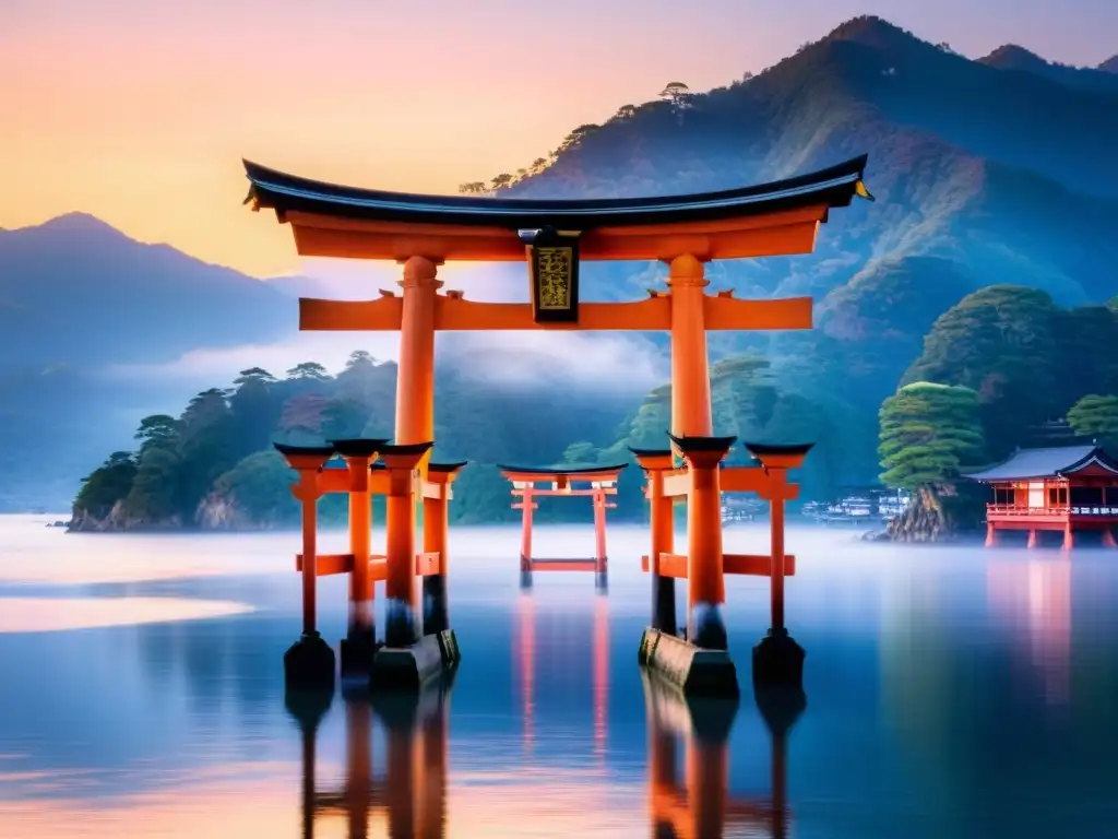 Espléndido torii del Santuario Itsukushima en Japón, reflejado en aguas tranquilas al amanecer, evocando las ceremonias de Año Nuevo exóticas