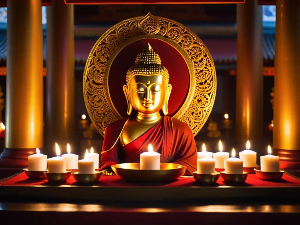 Estatua dorada del Buda en templo iluminado por velas, monjes en oración, rituales de iniciación budista trascendencia