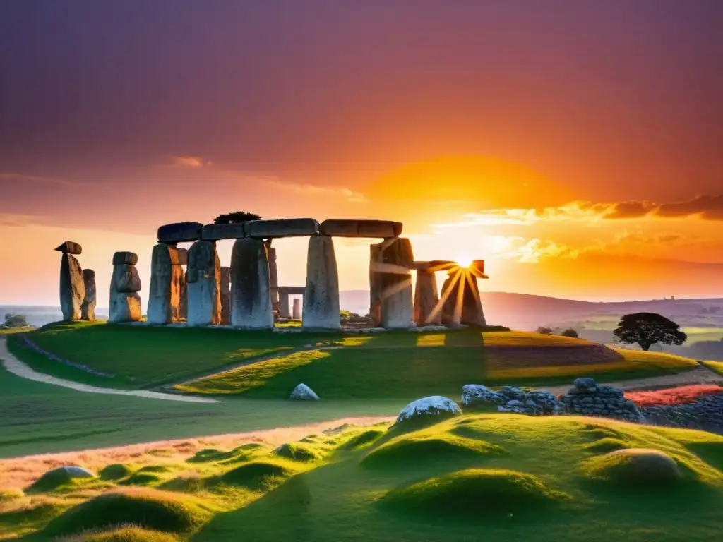 Una estructura similar a Stonehenge con el sol poniéndose entre dos piedras, creando un resplandor dorado cálido sobre el antiguo sitio