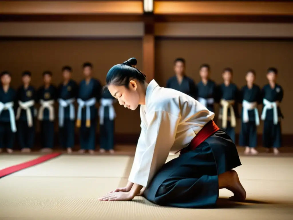 Estudiante de artes marciales muestra respeto en ritual de graduación en dojo tradicional