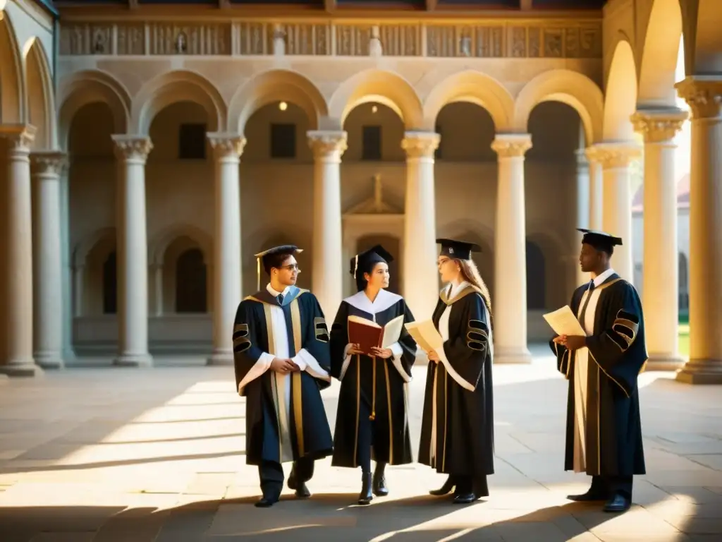 Estudiantes de derecho en ritual académico en una universidad europea, discutiendo textos legales con solemnidad bajo los arcos históricos