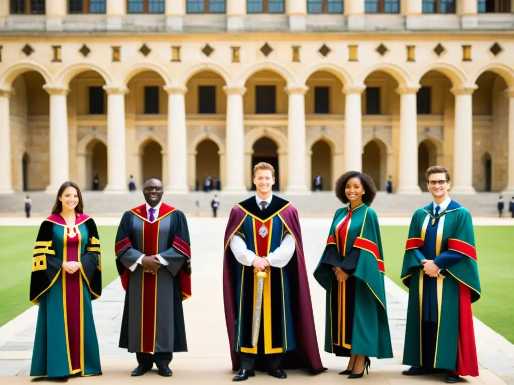 Estudiantes de derecho en trajes académicos tradicionales realizando rituales en facultades de derecho europeas, rodeados de prestigio y tradición