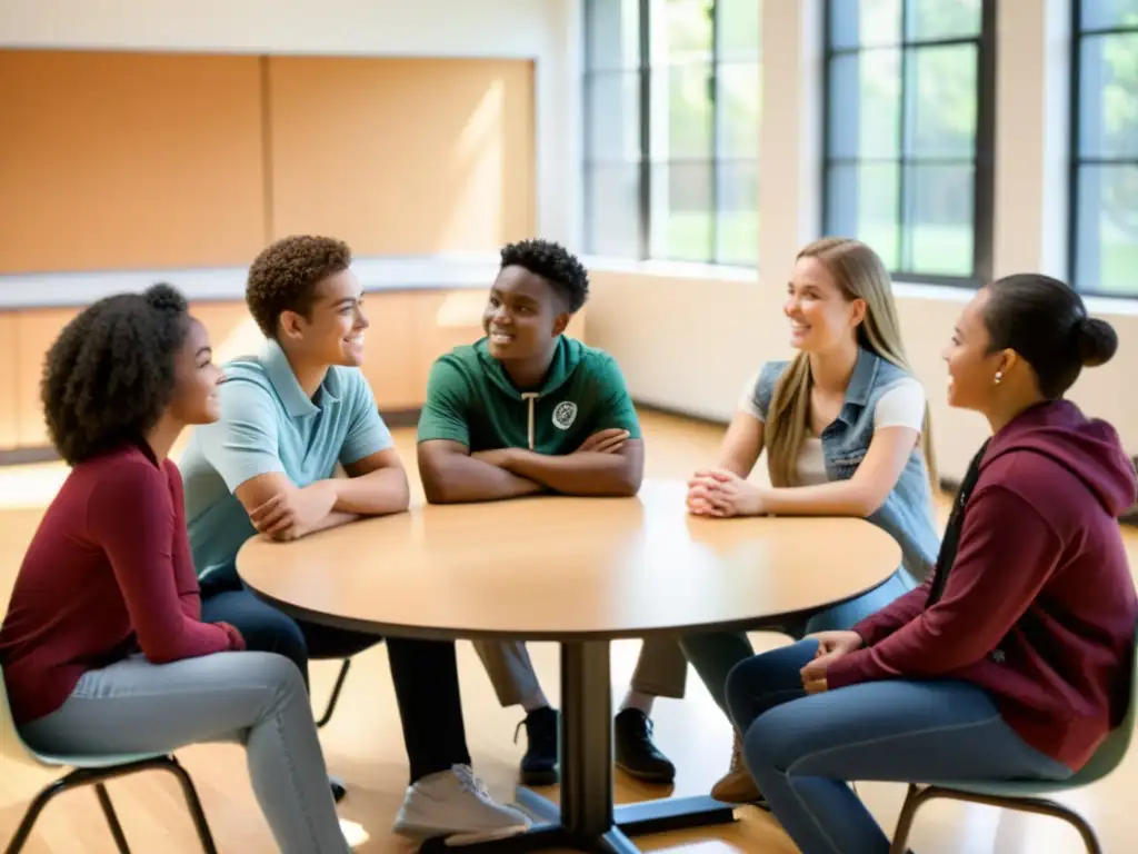 Estudiantes diversos en círculo, conversando con atención y empatía