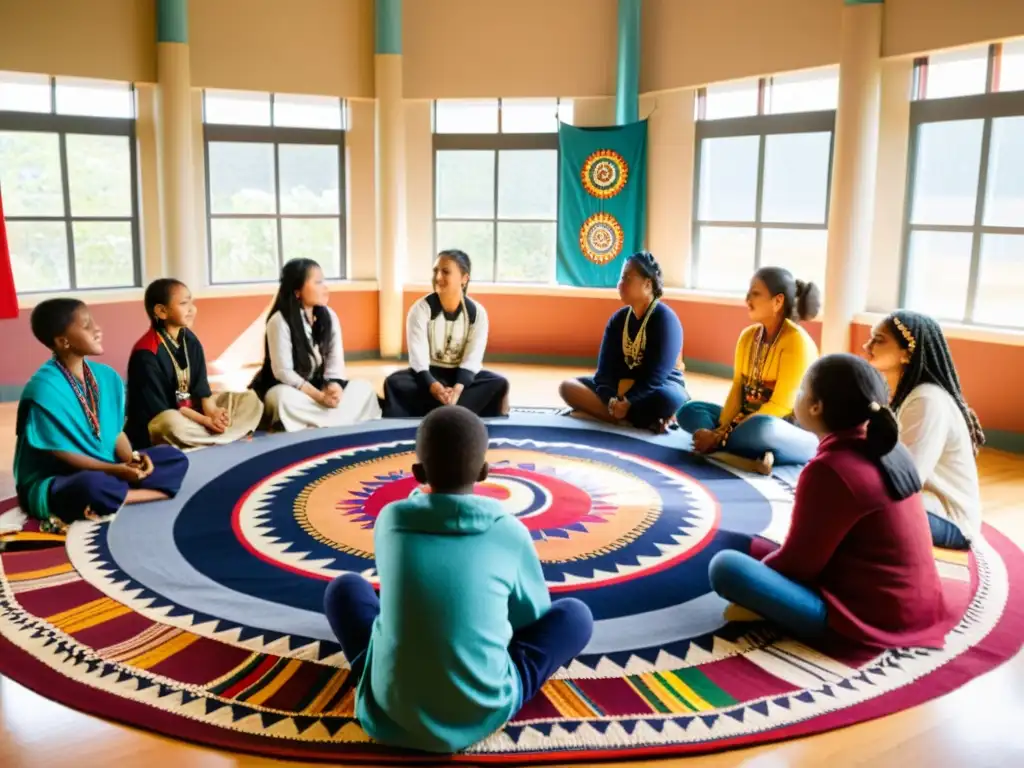 Estudiantes participan en enseñanza de rituales locales en escuelas, rodeados de textiles y arte tradicional, inmersos en aprendizaje respetuoso