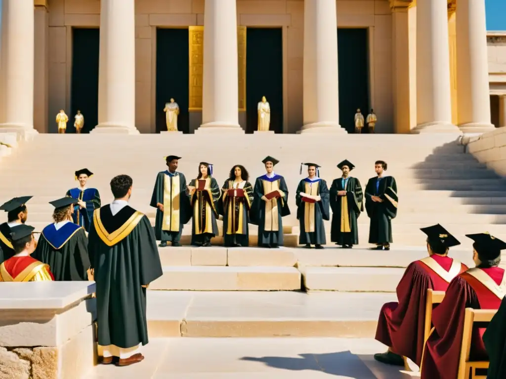 Estudiantes y eruditos participan en rituales de graduación en Grecia Clásica en un antiguo anfiteatro bañado por cálida luz dorada