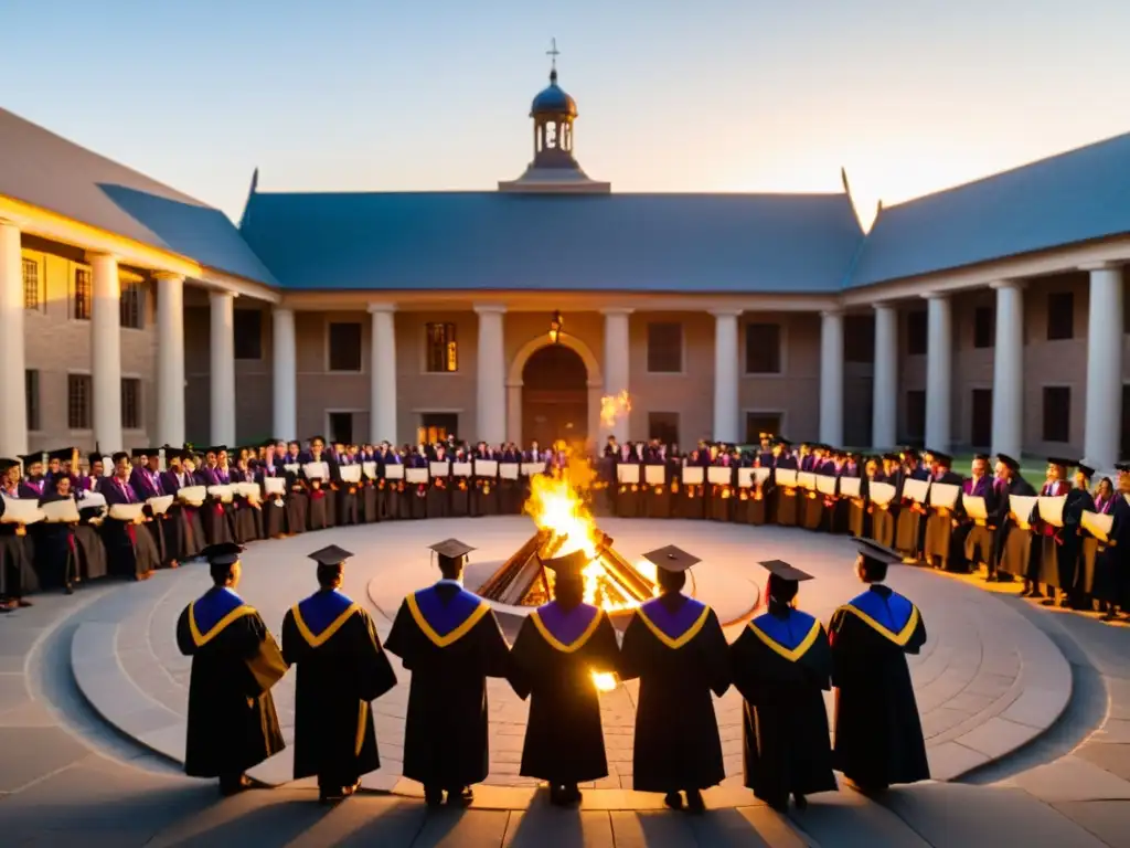 Estudiantes graduados en ritual de despedida universitaria con hoguera y atmósfera de reflexión y camaradería