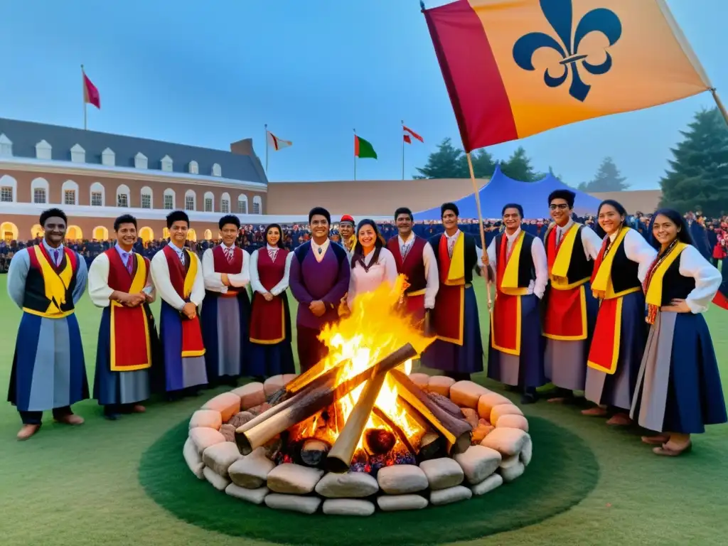 Estudiantes de ingeniería celebrando rituales en el campus con música, baile y coloridas banderas de fondo