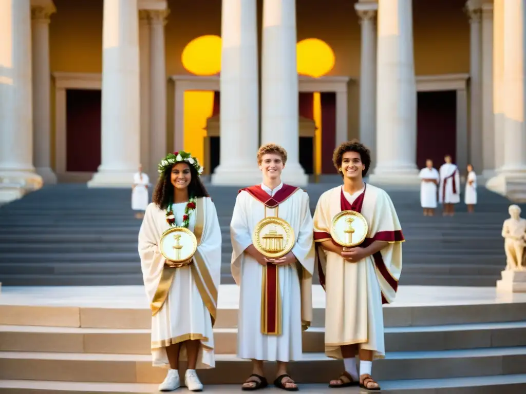 Estudiantes romanos celebran su graduación en un majestuoso anfiteatro al atardecer