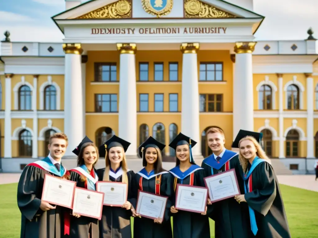 Estudiantes rusos celebran su graduación con cintas y diplomas frente a una universidad histórica en Rusia, reflejando tradición y orgullo académico