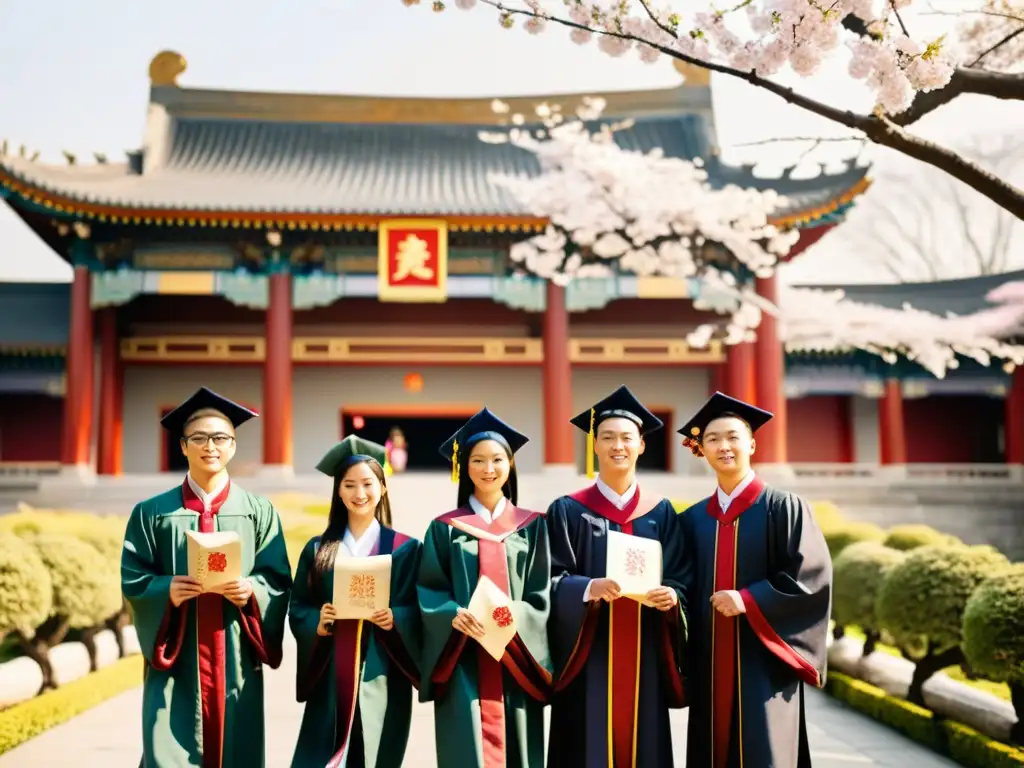 Estudiantes en trajes de graduación tradicionales en China, rodeados de cerezos en flor