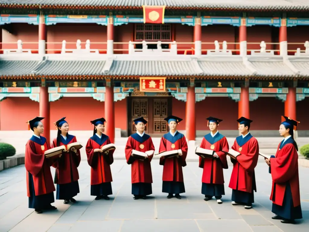 Estudiantes en trajes tradicionales participan en Ritos de graduación en China en un majestuoso patio con antiguos edificios y coloridos detalles