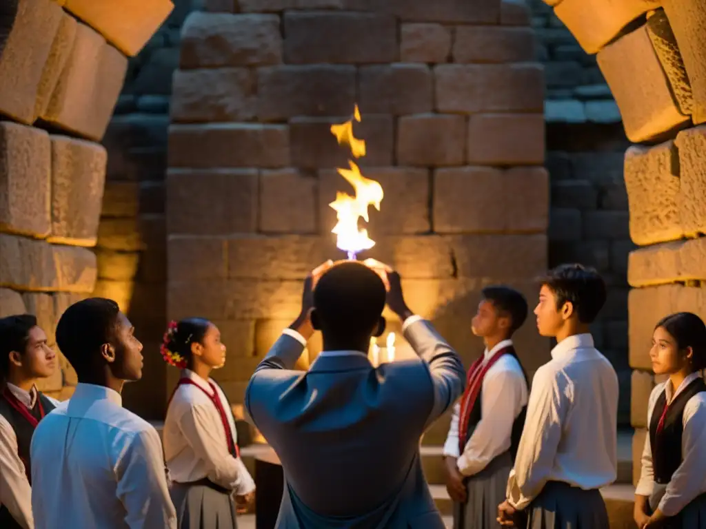 Estudiantes universitarios participan en ritos de iniciación en hermandades, con solemnidad y misterio bajo tenue iluminación de velas