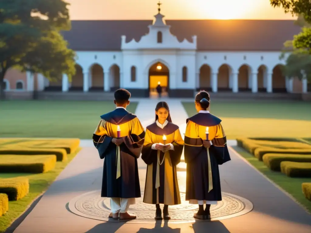 Estudiantes universitarios en ritual de despedida, con velas al atardecer