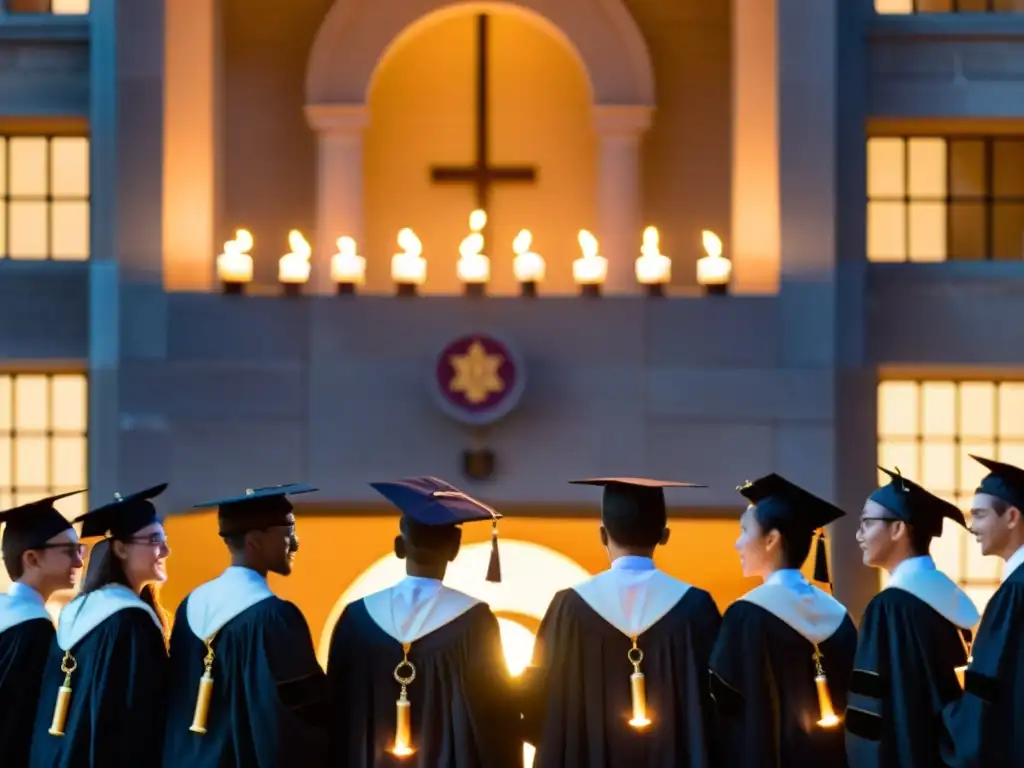 Estudiantes universitarios en togas y birretes, con velas, en ritual de inauguración de año académico, en majestuosa universidad al atardecer