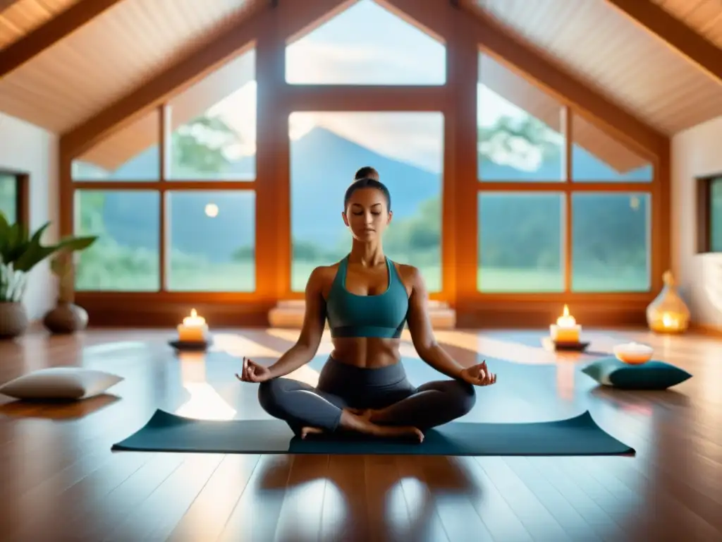 Un estudio de yoga sereno con luz natural, incienso, cristales y cojines para meditar