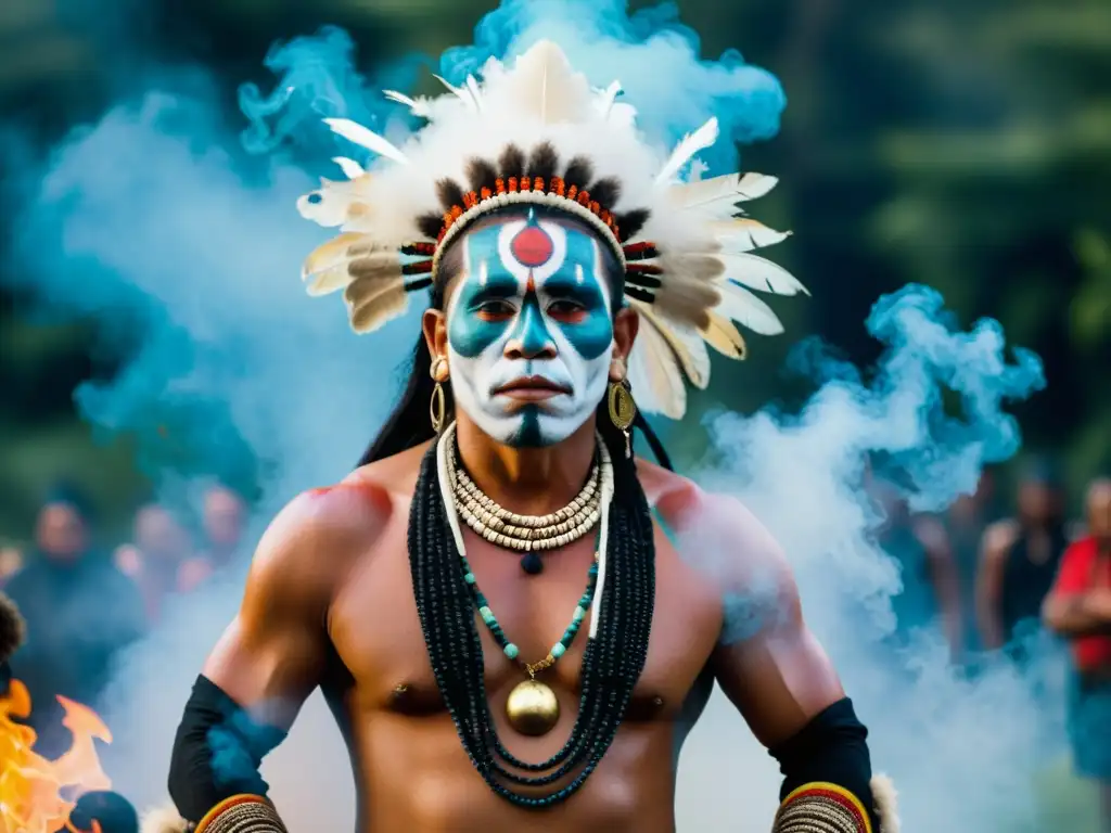 Fotografía etnográfica de rituales: Un chamán en un ritual tribal, con humo de incienso y danzas vibrantes en un entorno natural exuberante