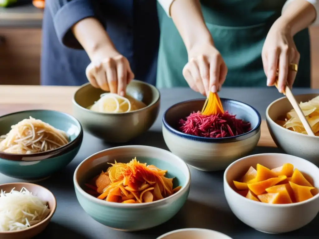 Preparación experta de alimentos fermentados en rituales culturales, con manos meticulosas en cerámica tradicional