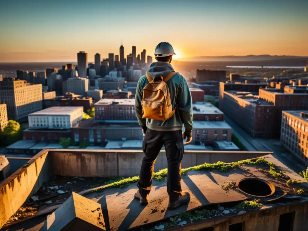 Explorador urbano en lo alto de un edificio abandonado, iluminado por el cálido atardecer