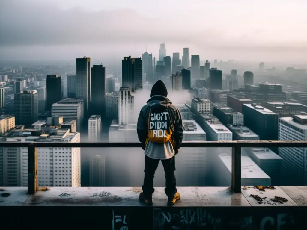 Explorador urbano en un rascacielos en ruinas, mirando una ciudad envuelta en neblina y oscuridad