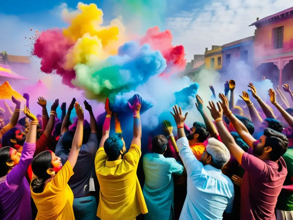 Explosión de colores en el festival hindú Holi, capturando la alegría de la multitud al lanzar polvo de colores