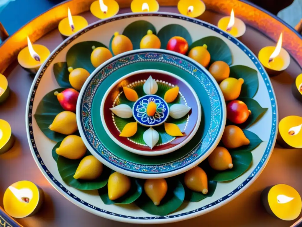 Una exquisita y colorida plato ceremonial rodeado de tenue luz de velas, evocando la gastronomía sagrada y simbolismo ritual