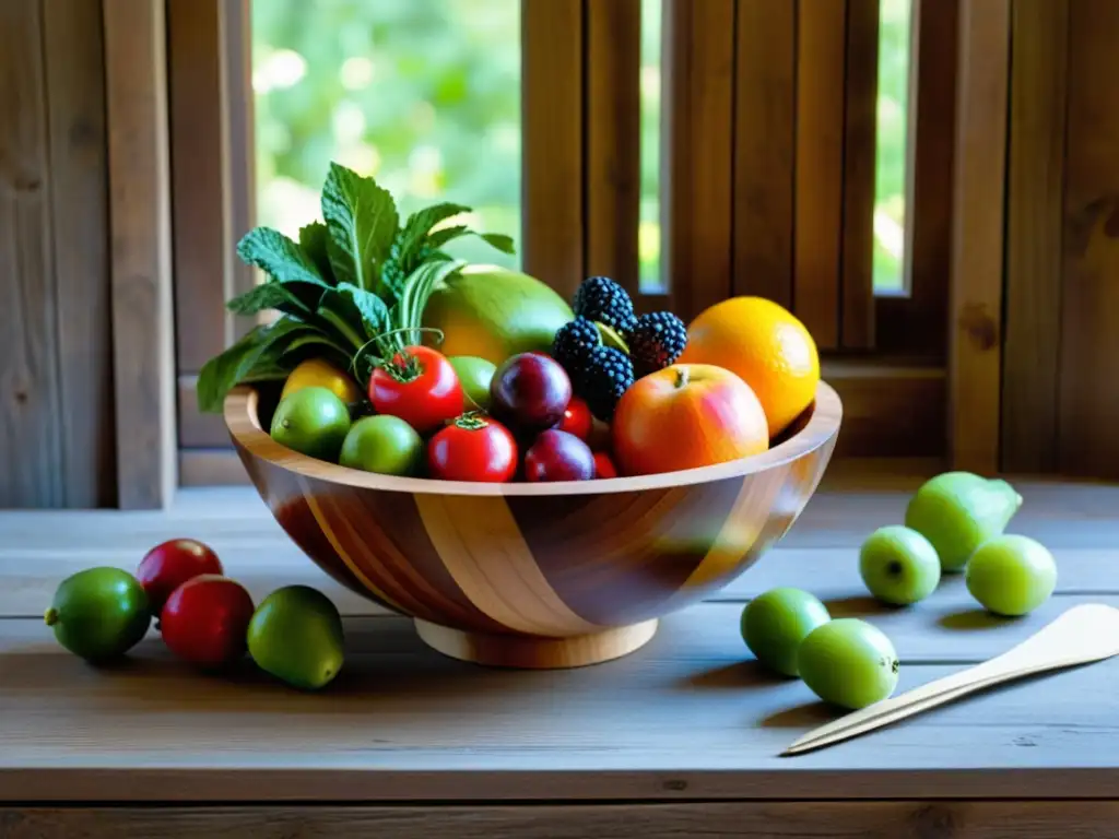 Una exquisita composición de frutas y verduras frescas en una artesanal y rústica mesa de madera, iluminada por luz natural