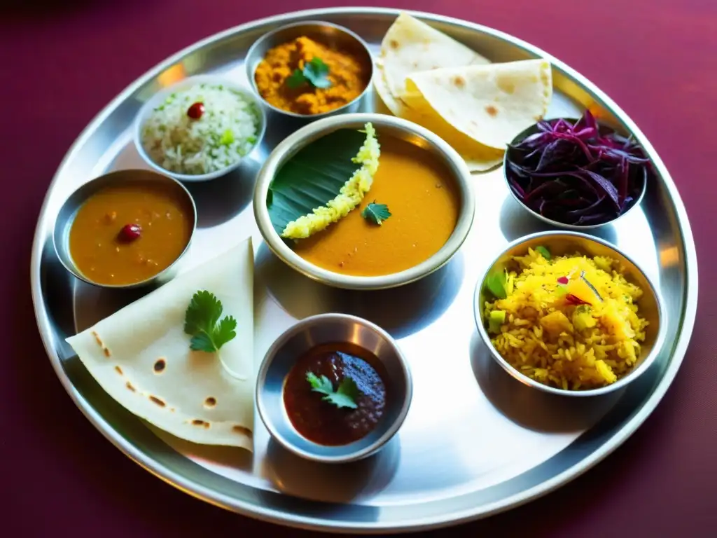 Deléitate con la exquisita thali del Festival Navratri, una explosión de colores y sabores que captura la esencia de la devoción hindú