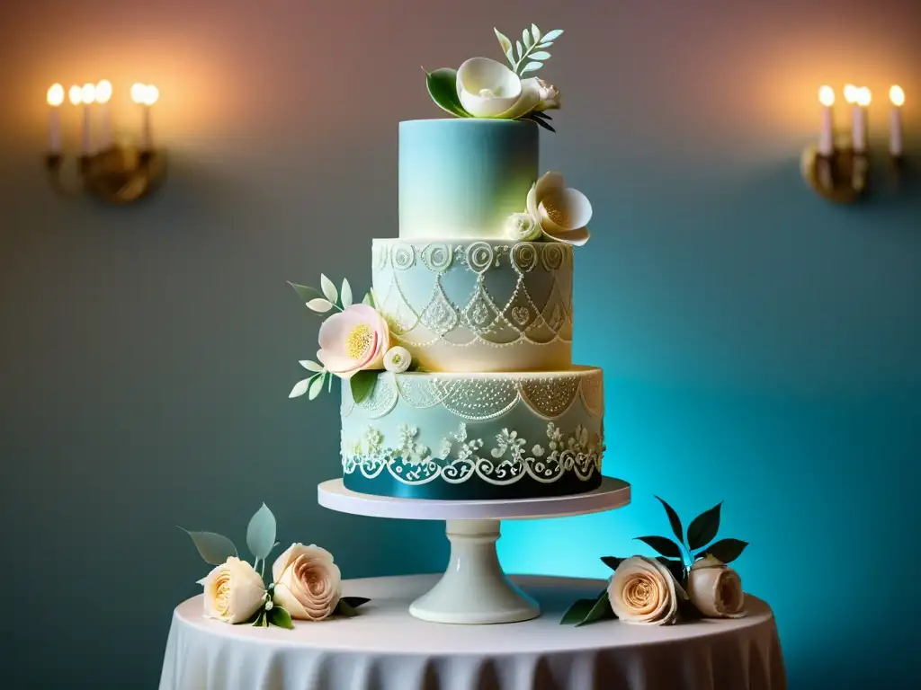 Una exquisita torta de bodas decorada con flores de fondant y detalles de glaseado