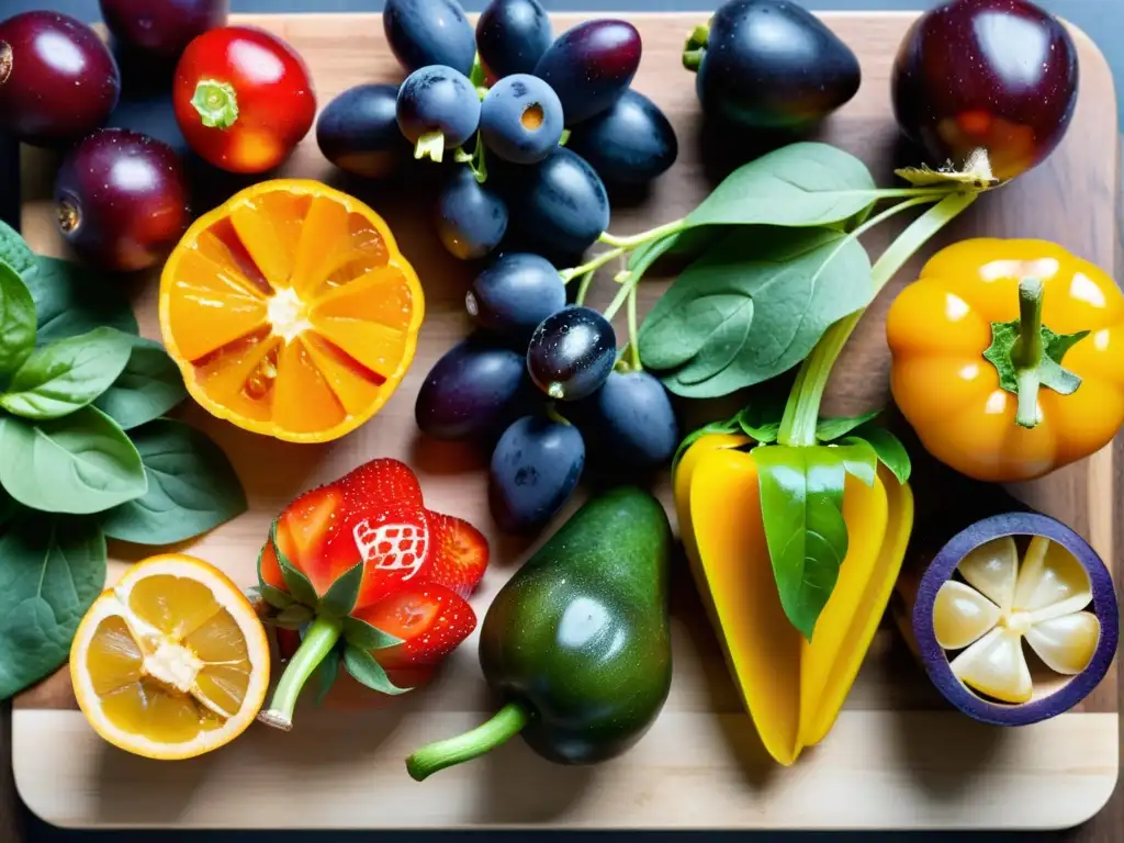 Una exquisita variedad de frutas y verduras frescas, brillantes y coloridas, dispuestas en una tabla de cortar de madera