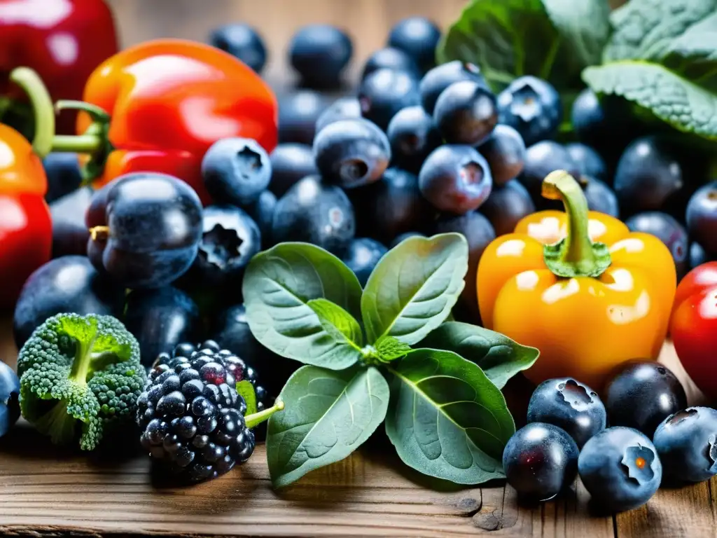 Una exquisita variedad de frutas y verduras antioxidantes en una mesa rústica