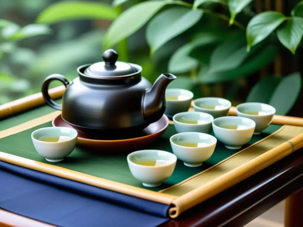 Exquisito set de té coreano en una mesa baja lacada, rodeado de naturaleza y luz natural, evocando rituales de té ceremoniales espirituales