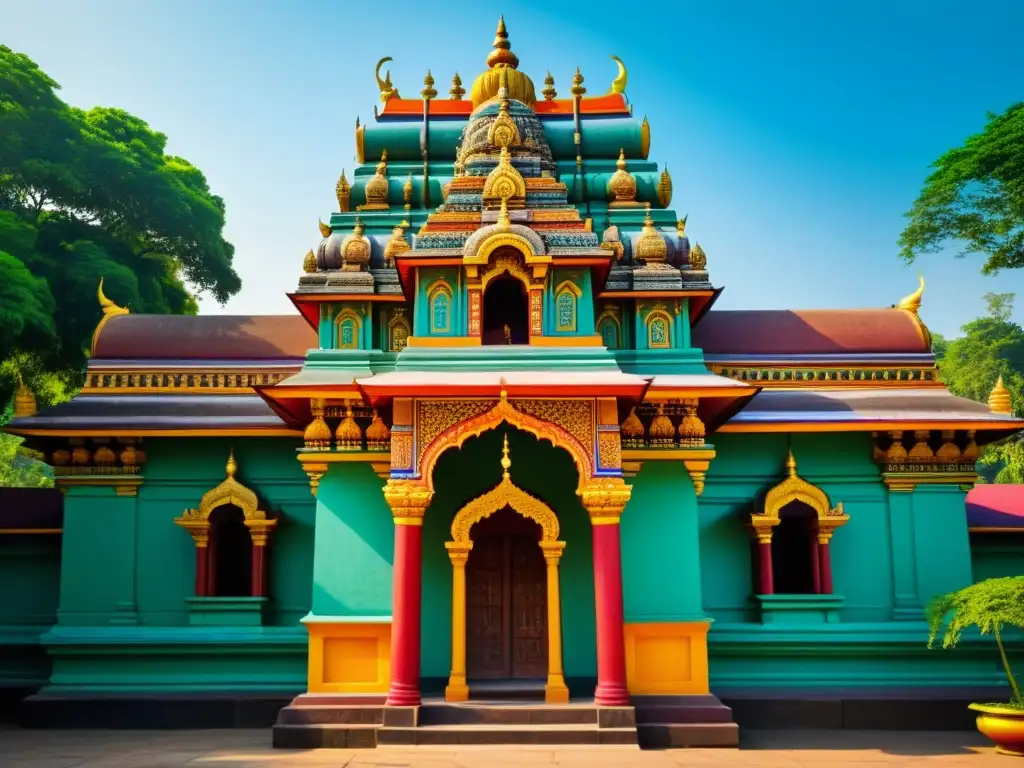 Exterior del Templo de Ratones en Hinduismo, con vibrantes colores, intrincadas esculturas y devotos en oración