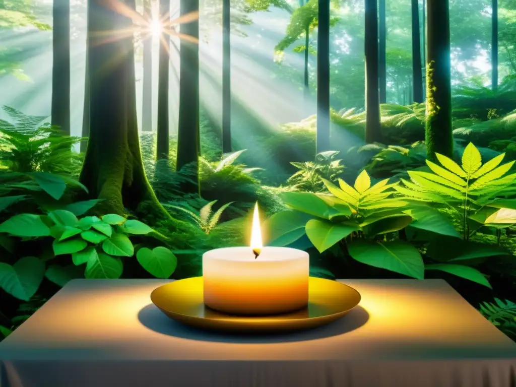 Un exuberante bosque verde bañado por la luz del sol, evocando la armonía y la prosperidad, ideal para rituales de abundancia con velas verdes