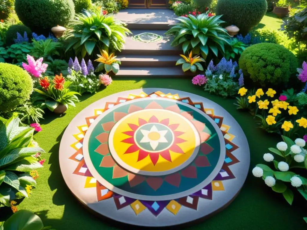 Un jardín exuberante con flores vibrantes, luz filtrándose entre las hojas y un altar con amuletos y cristales