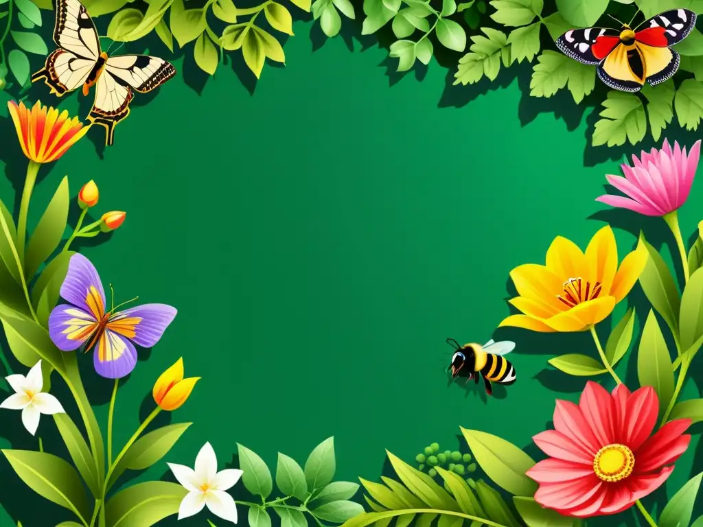 Un jardín exuberante lleno de flores coloridas, con abejas y mariposas entre ellas