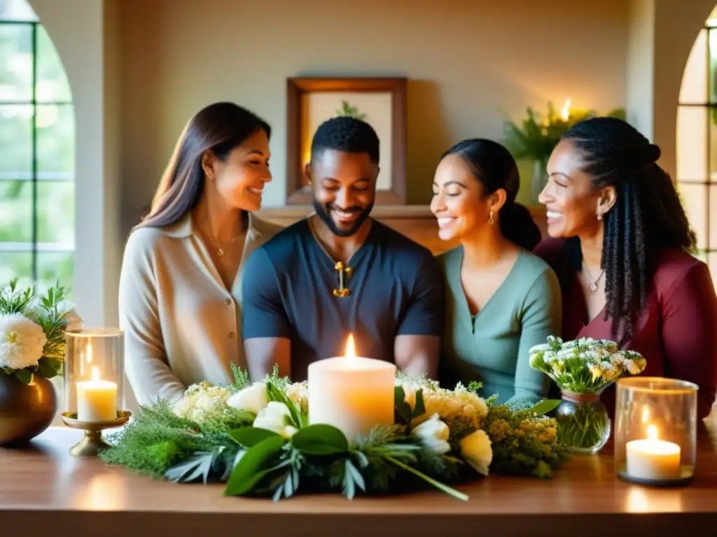 Una familia se reúne alrededor de un altar decorado en casa, participando en rituales de renovación estacional