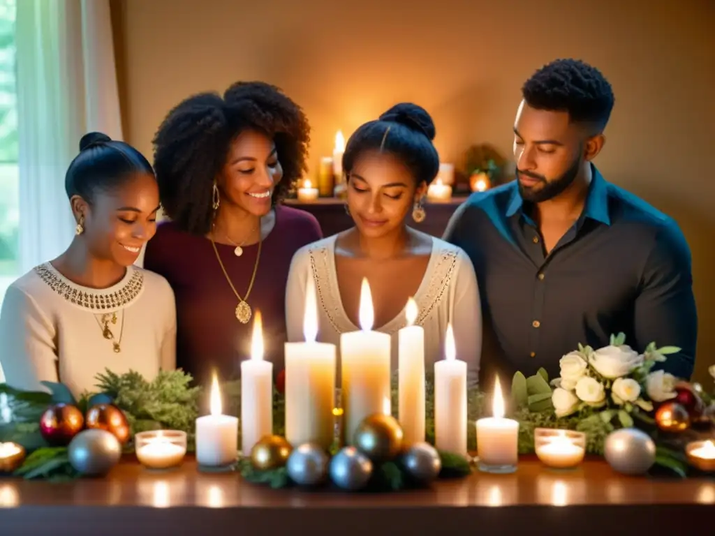 Una familia se reúne alrededor de un altar bellamente decorado en su hogar, preparando rituales para el equinoccio