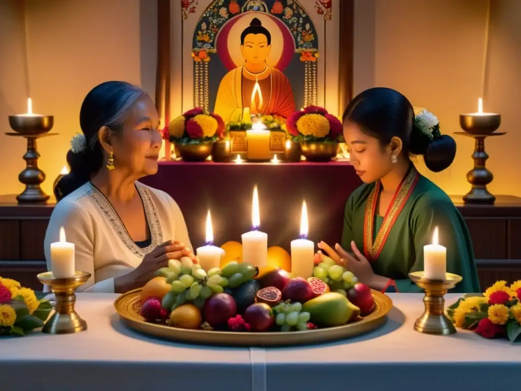 Una familia se reúne alrededor de un altar decorado, con velas y ofrendas de frutas y flores